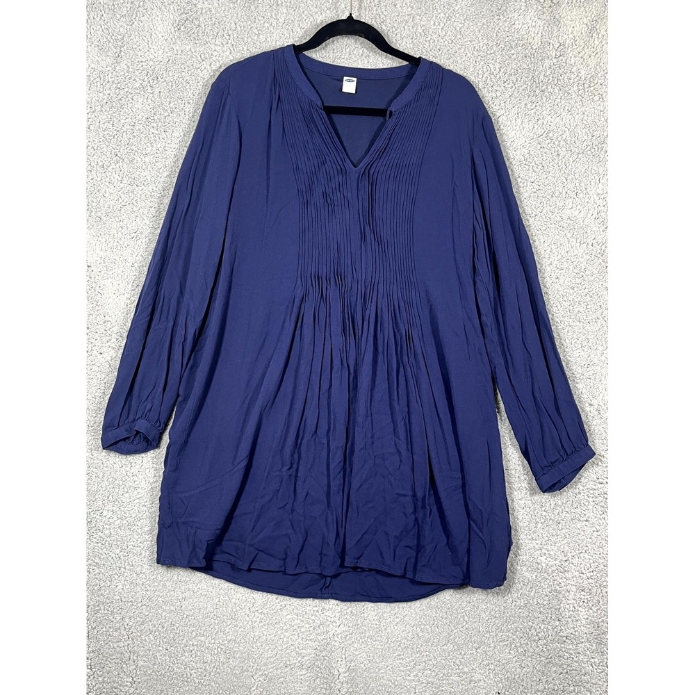 Old Navy Tunic Blouse Women L Blue Long Sleeve Pleated Cottagecore Tie Neck